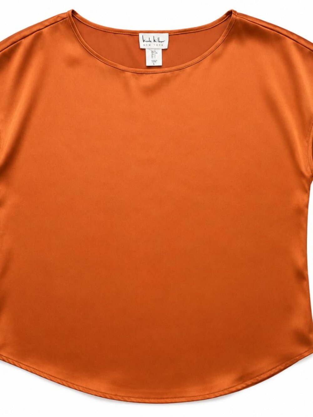 Nicole Miller New York Satin Blouse Top Large Copper Orange Cap Sleeve Silky